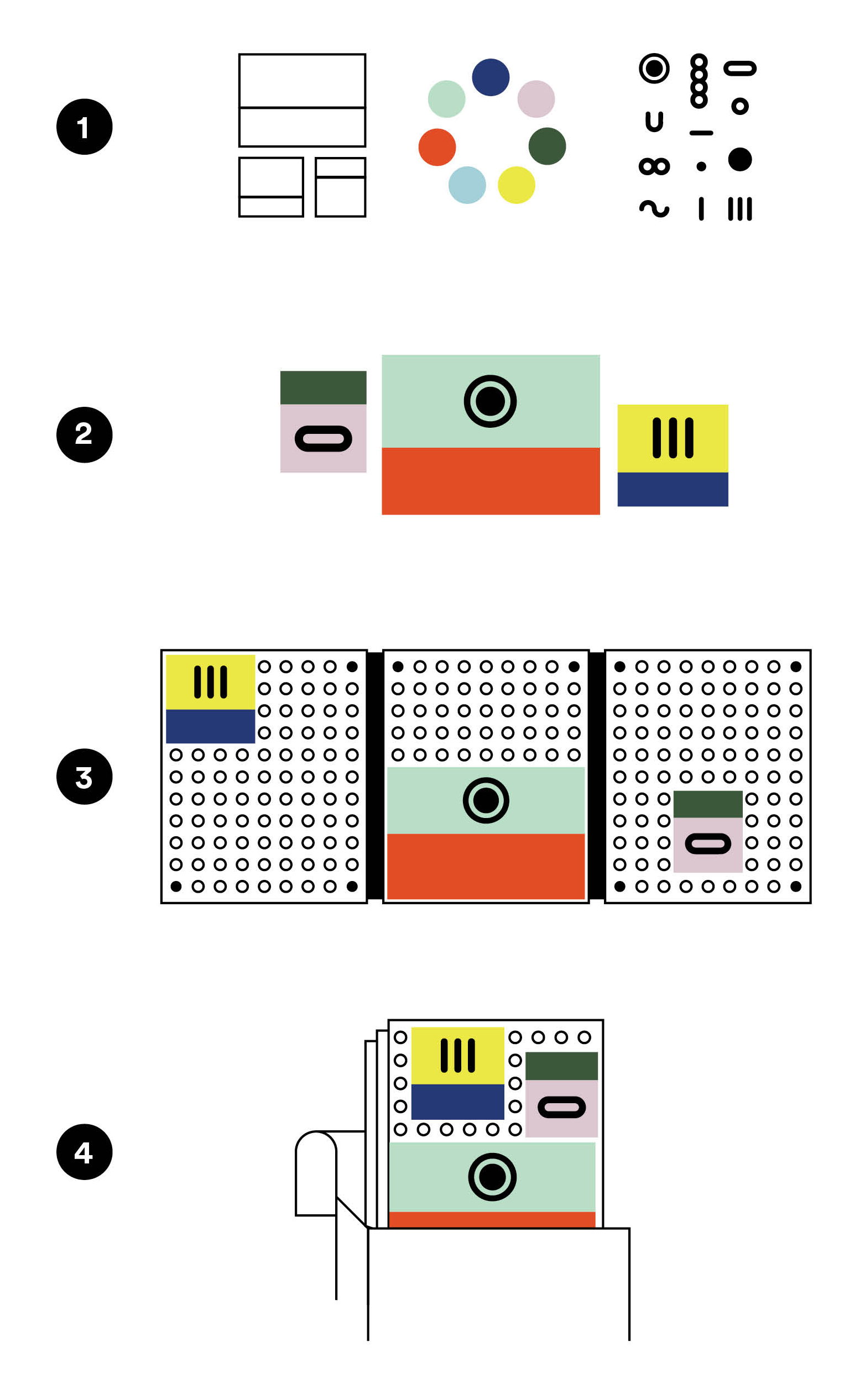 afbeelding 9 Een illustratie van de vier verschillende stappen voor het combineren van de tas.